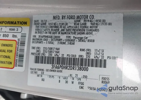 2013 Ford Fusion Se из США, поврежденный, VIN 3FA6P0HR2DR138000